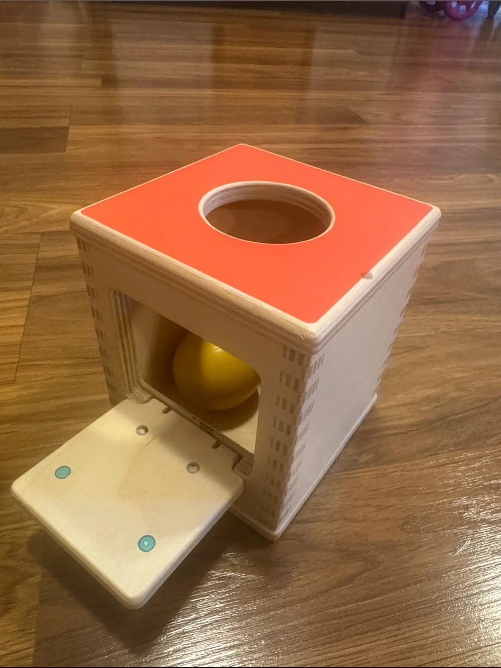 Lovevery Wooden Cube Toy Box with Orange Top and Teal Handle